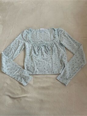 Light Blue Floral Tie-Front Long Sleeve Top